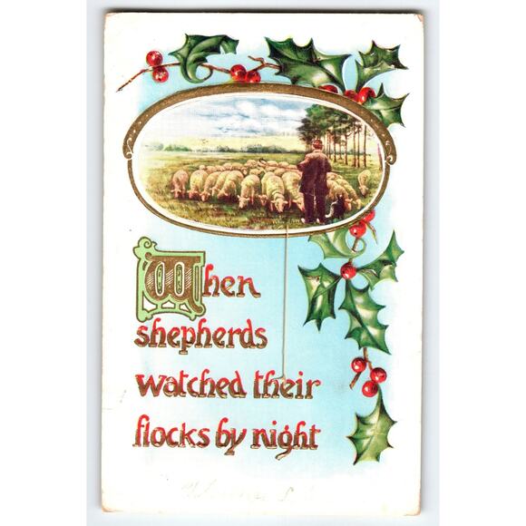 Vintage Christmas Postcard When Shepherds Watched Their Flocks Scene - Picture 1 of 2